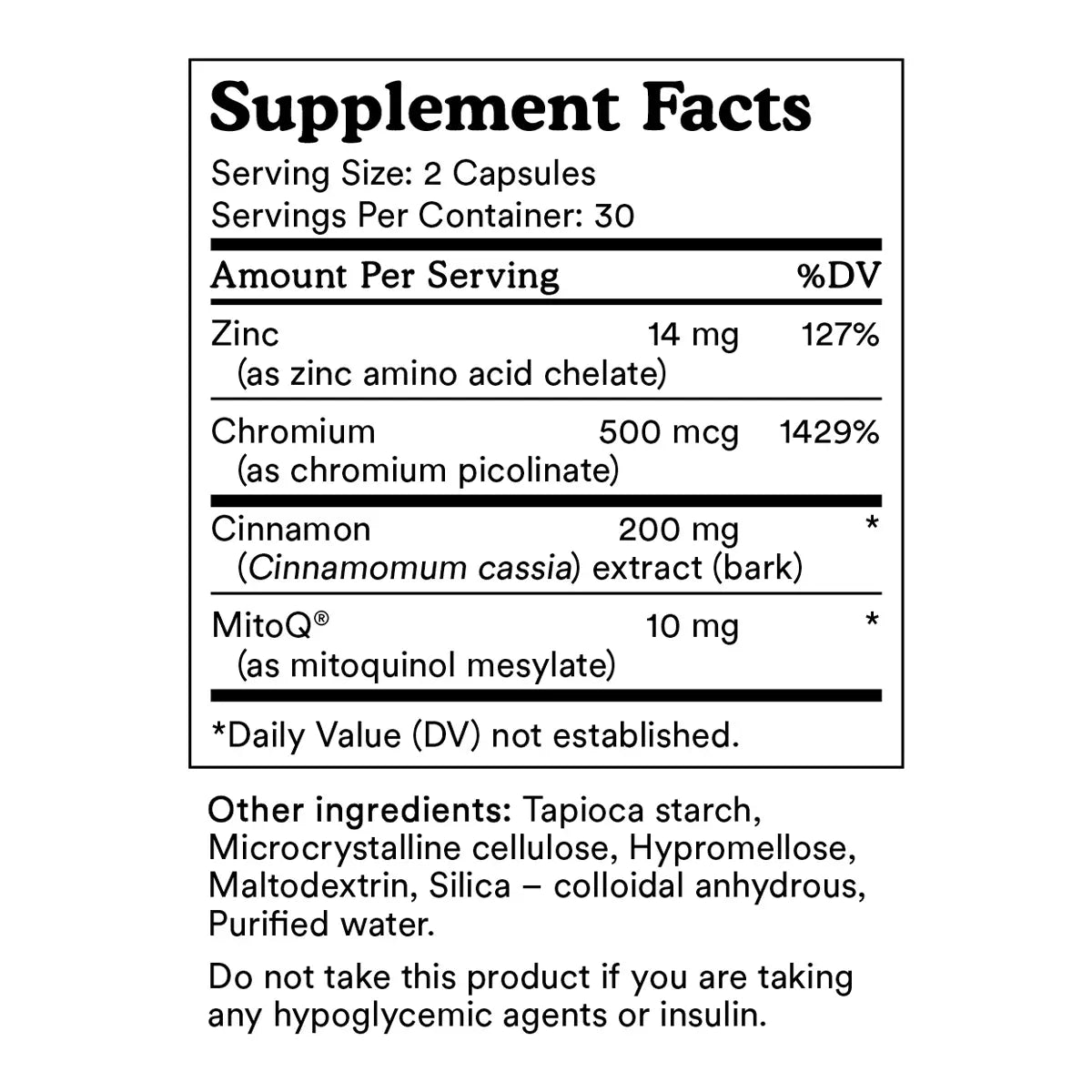 A supplement facts label showing a supplement with ingredients including Zinc, Chromium, Cinnamon, and MitoQ.