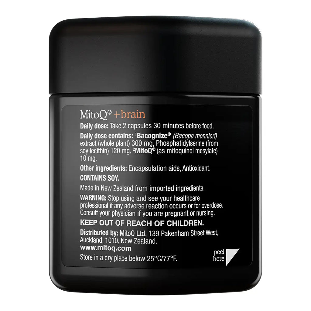 A black cylindrical supplement jar showing the back label for MitoQ +Brain.