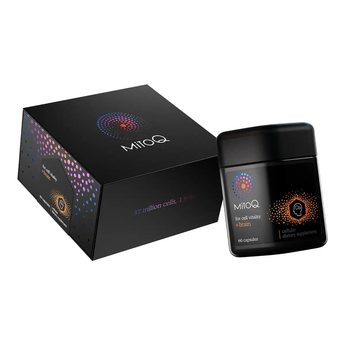 MitoQ dietary supplement shown with its black retail box and a black jar.