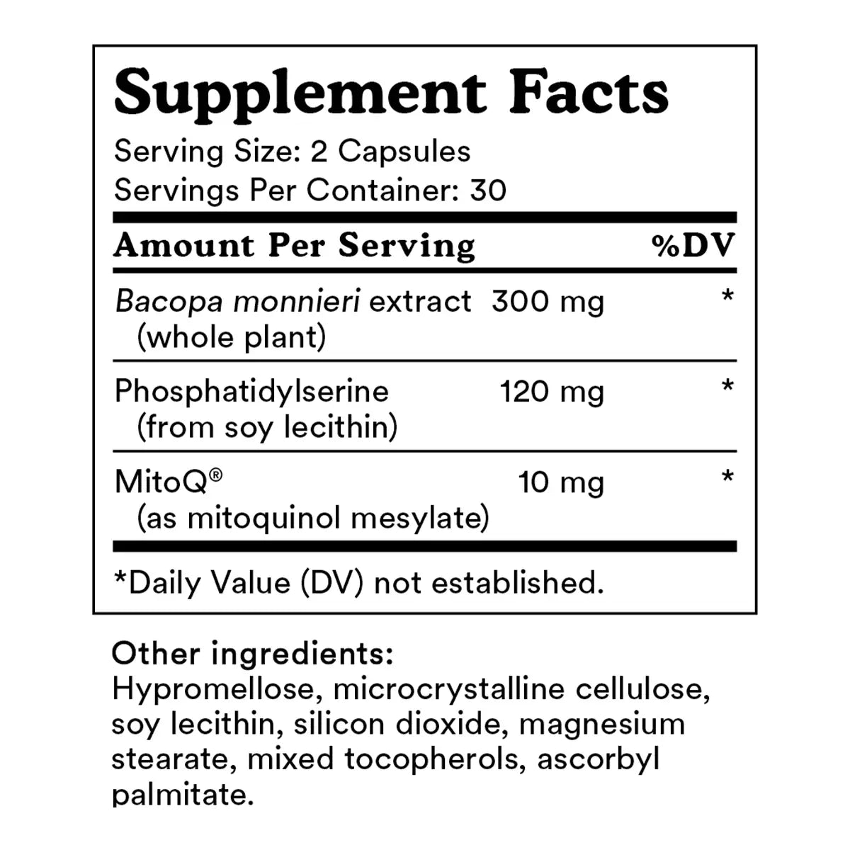 A black and white Supplement Facts label showing Bacopa monnieri extract, Phosphatidylerase, and MitoQ ingredients.