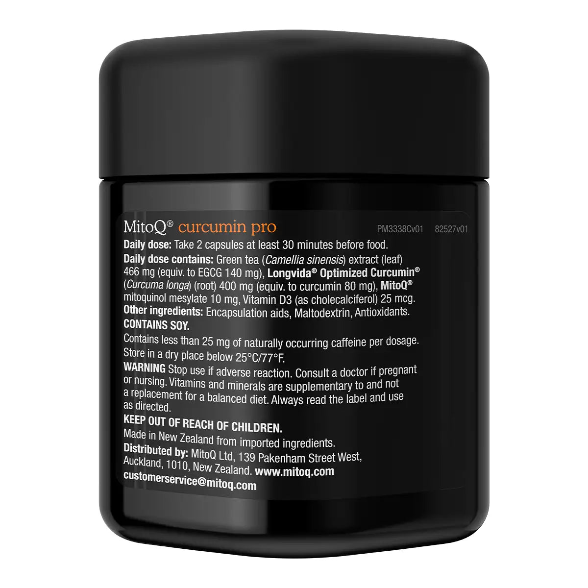 A black plastic jar of MitoQ Curcumin Pro supplement with white text.