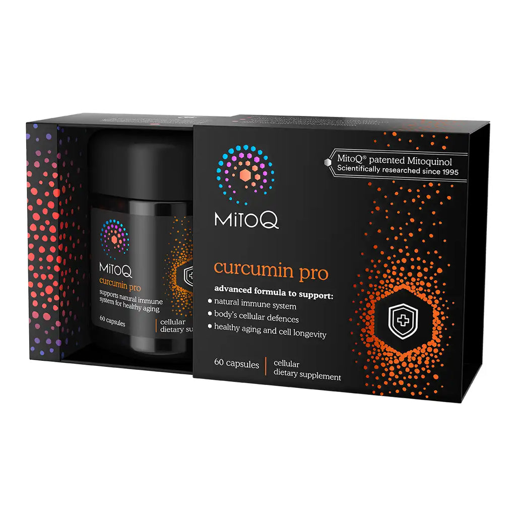MitoQ Curcumin Pro dietary supplement packaging, showing a black bottle inside a black retail box.