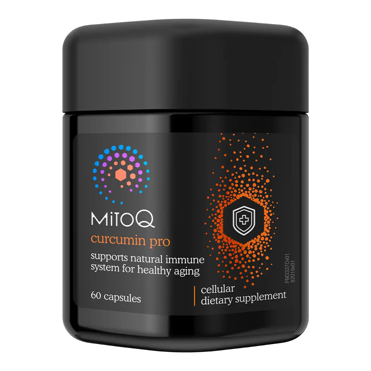 A black supplement jar of MitoQ Curcumin Pro with a black lid, featuring a label with orange and multicolor graphics.