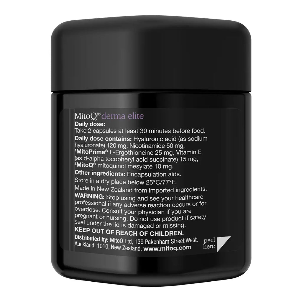 A black bottle of MitoQ Derma Elite capsules with white text detailing the daily dosage, ingredients, and safety instructions.