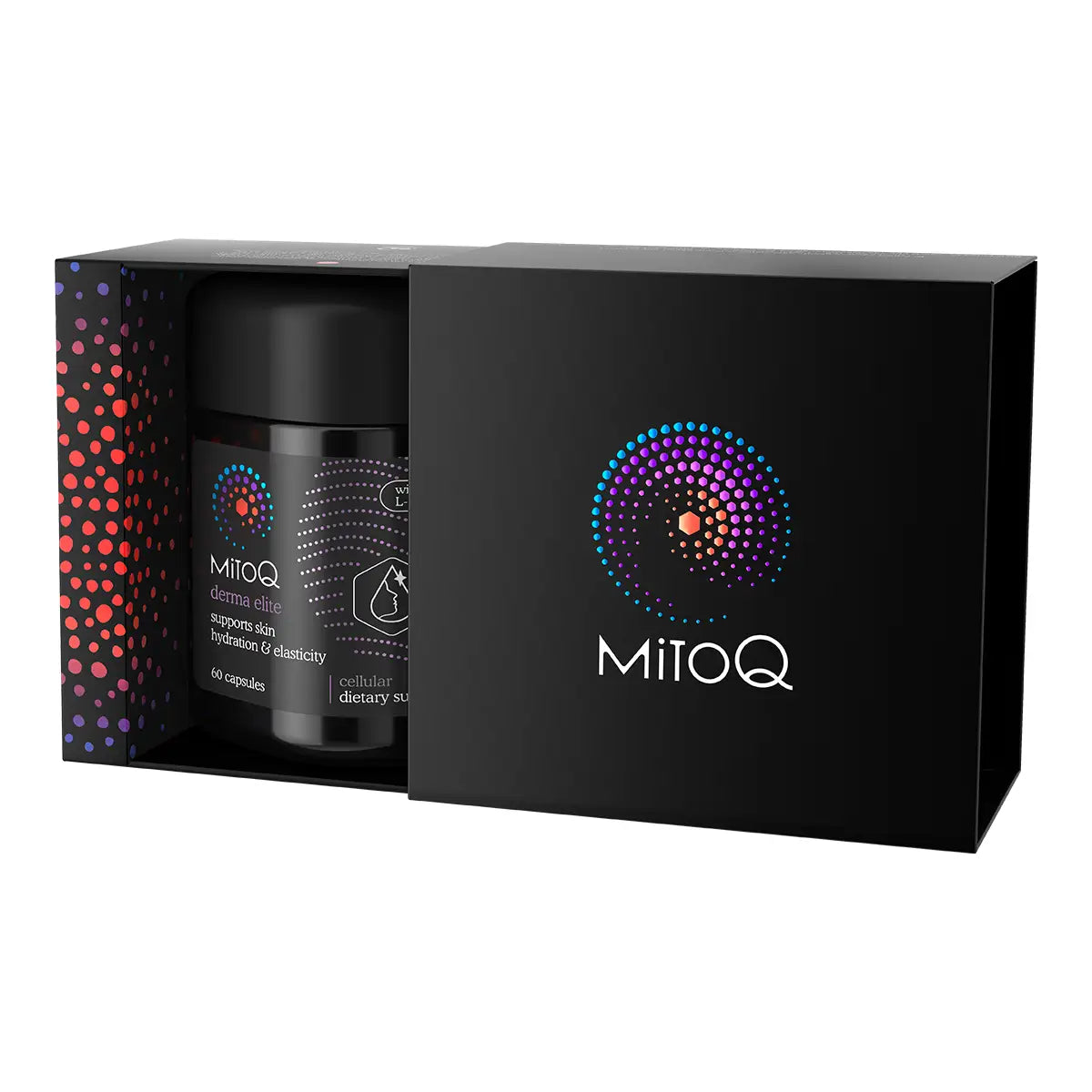 Black bottle of MitoQ supplement inside a black presentation box with a colorful dot pattern.