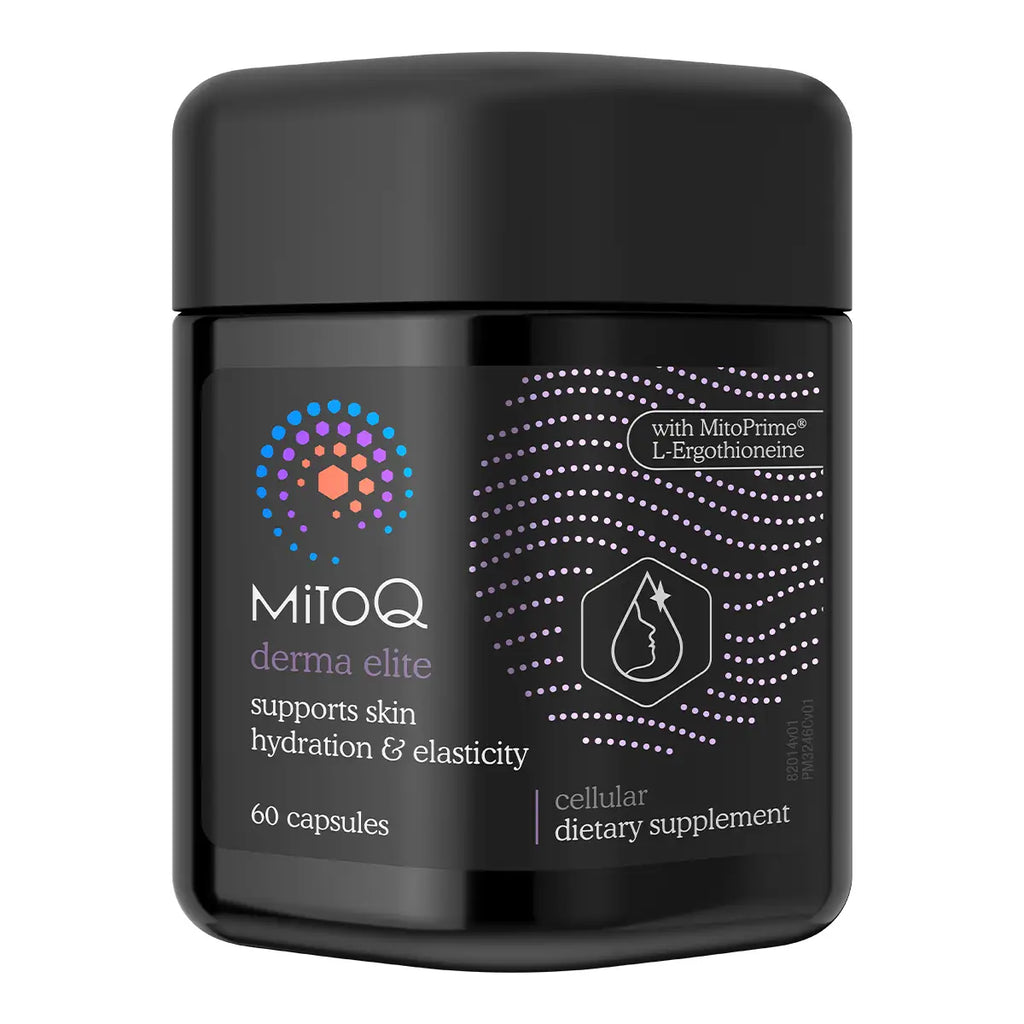 A black bottle of MitoQ Derma Elite cellular dietary supplement with a black cap.