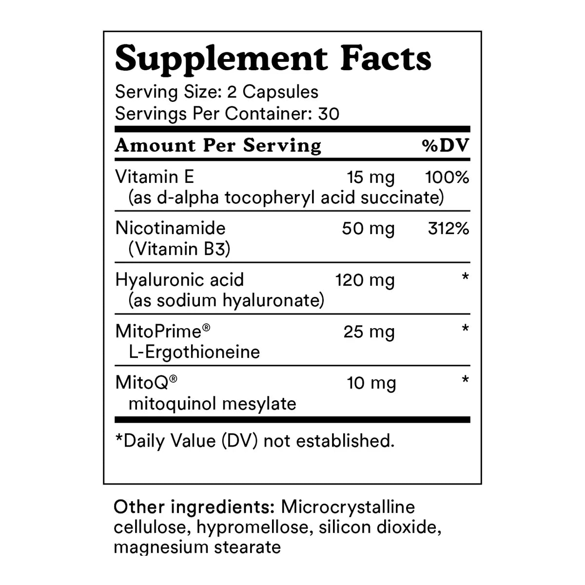 A supplement facts label showing a white box with black text, listing ingredients.