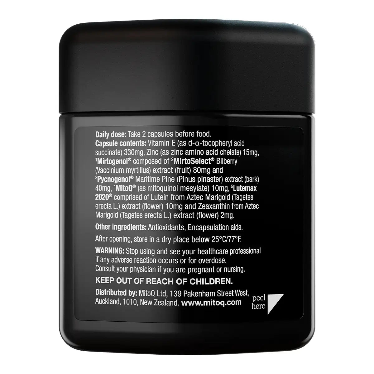 A black supplement jar shown from the back, displaying detailed white text on a black background.