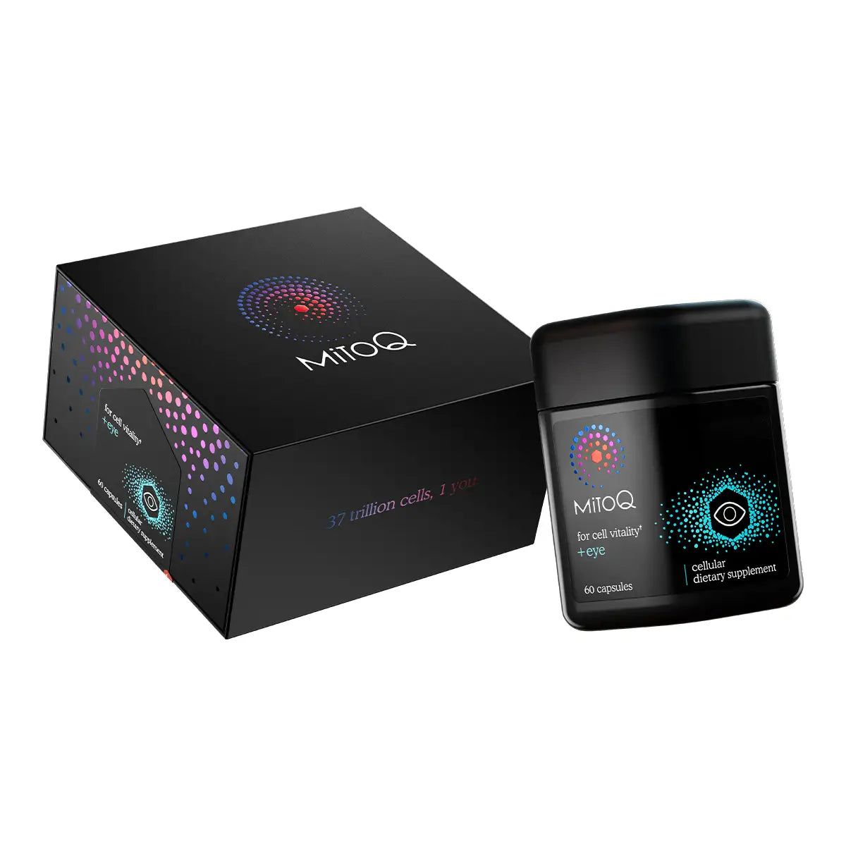 MitoQ dietary supplement packaging, featuring a black box and a matching black jar.