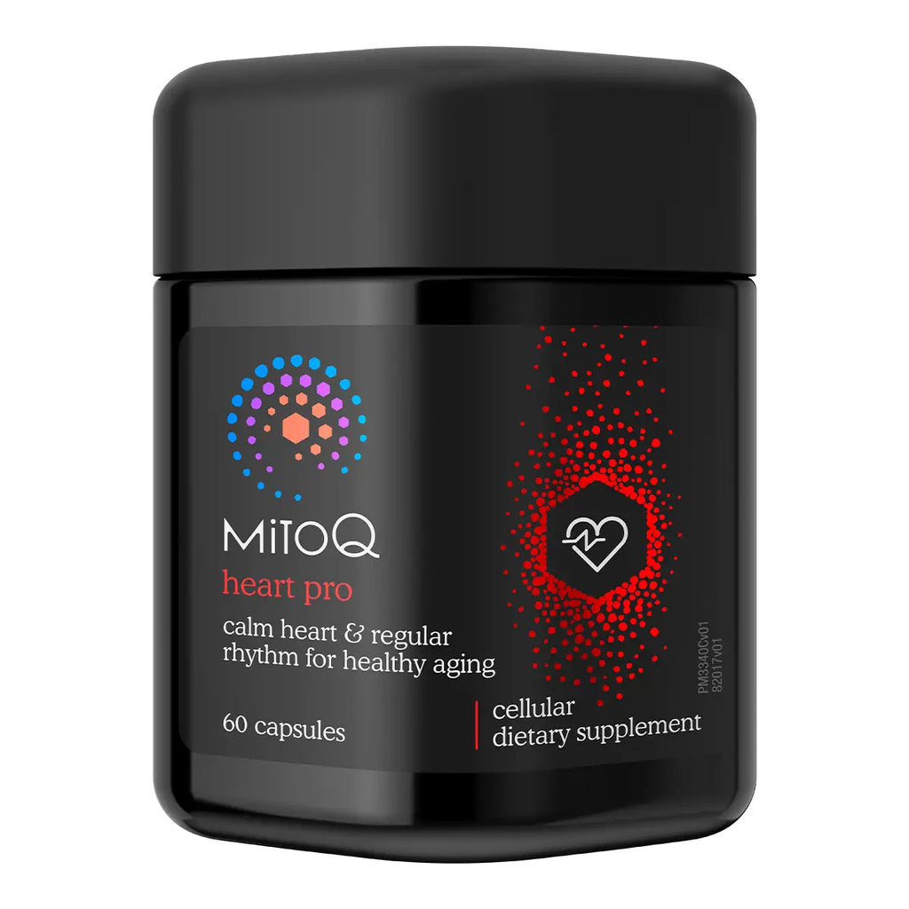 A black supplement jar of MitoQ Heart Pro, featuring a black label with red and white text and graphics.
