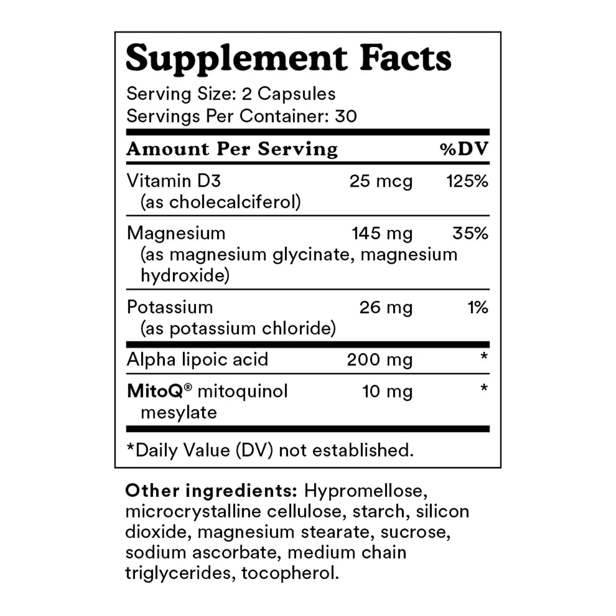 A supplement facts label showing a nutrition panel and listed nutrients.