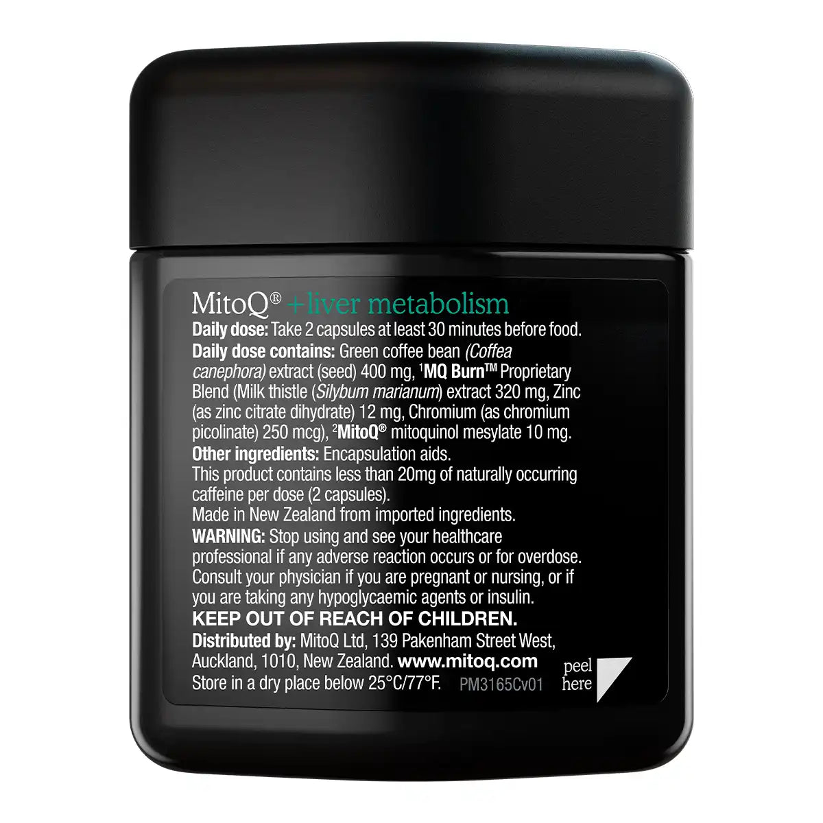 A black jar of MitoQ +Liver Metabolism supplement with a white label showing detailed product information and ingredients.