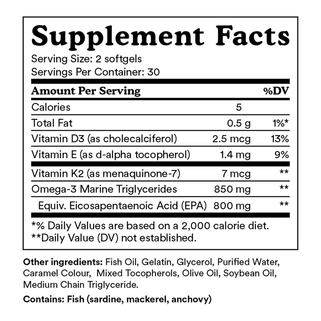 A black and white Supplement Facts label showing nutritional information for a fish oil supplement.