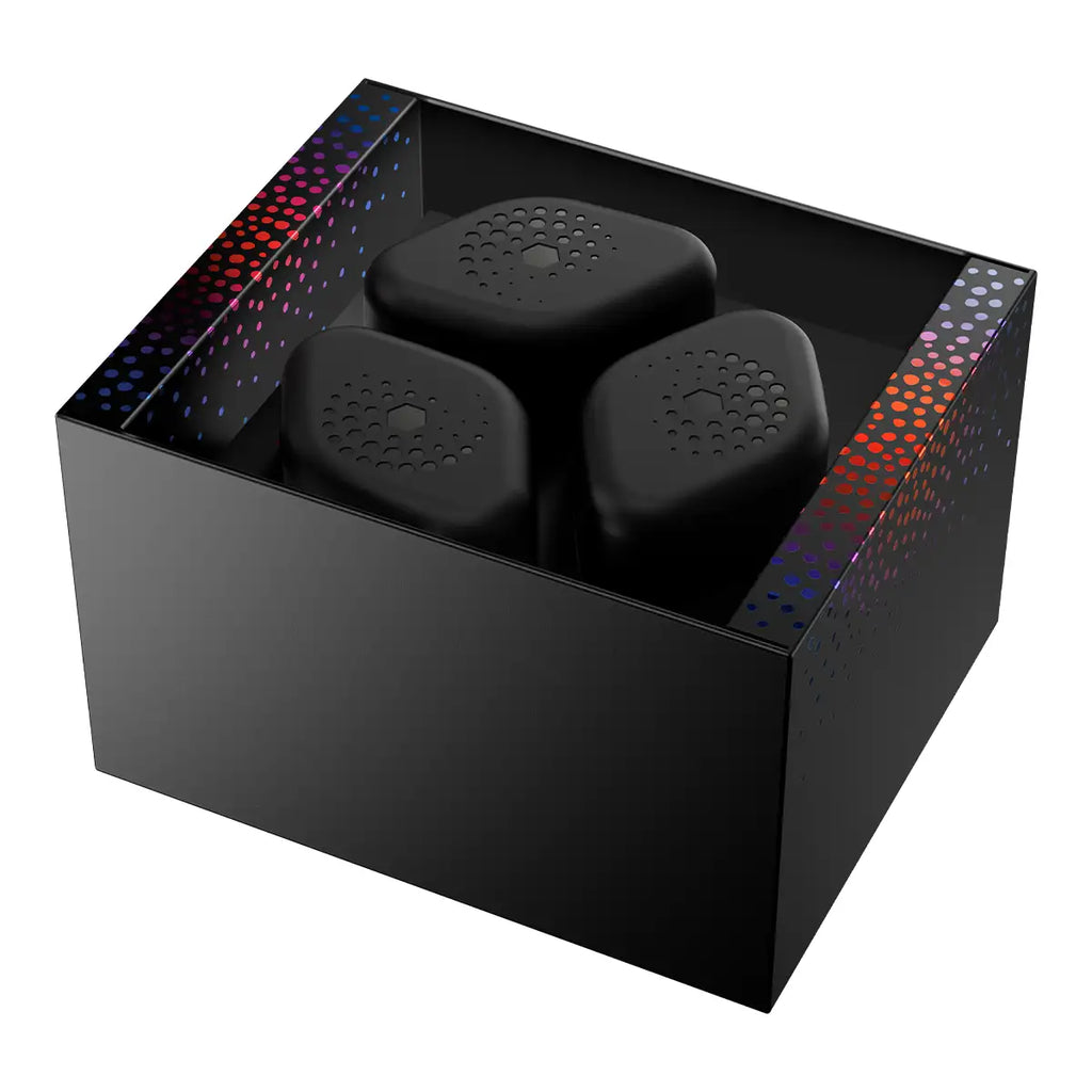 Three black supplement bottles arranged inside an open black presentation box.