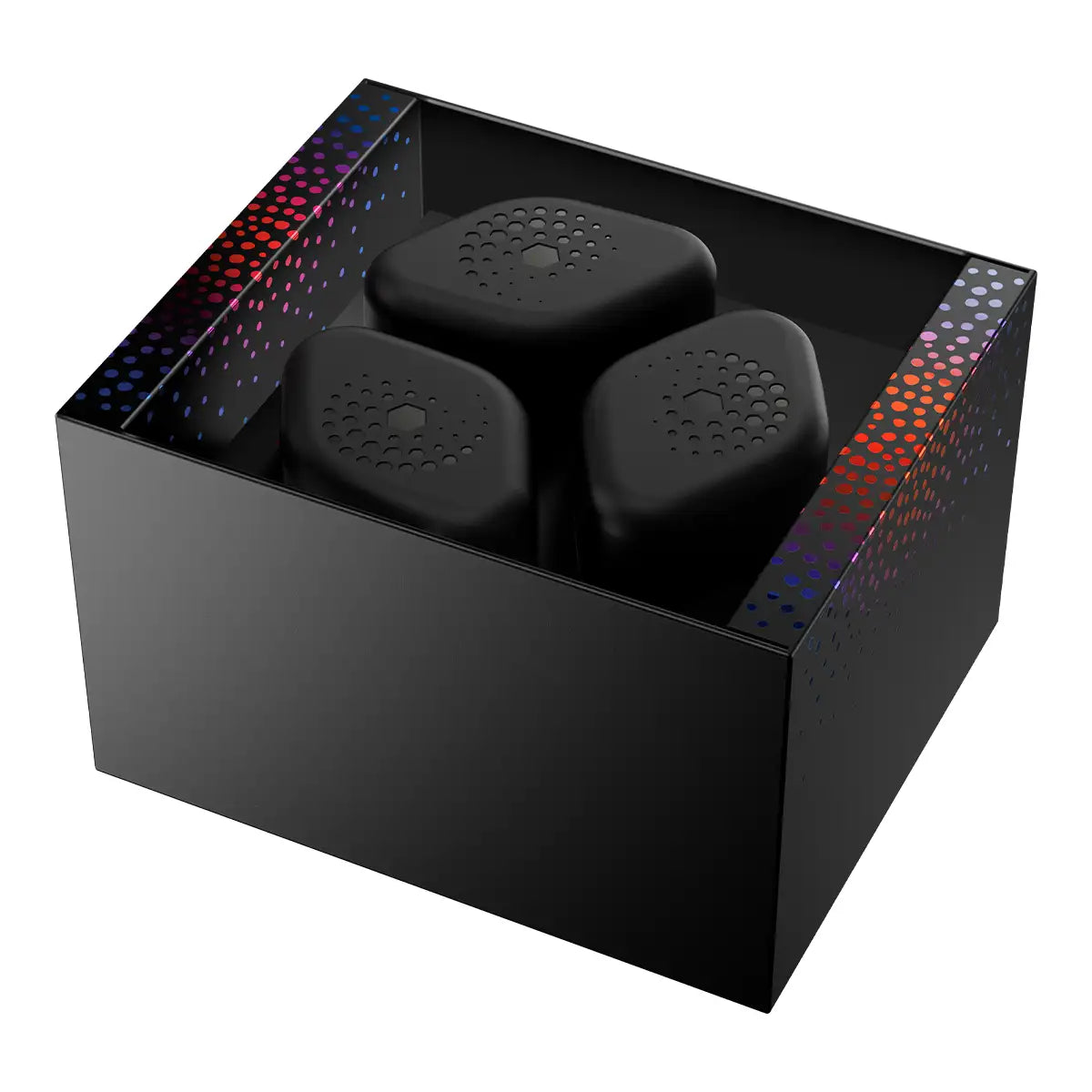 Three black supplement bottles arranged inside an open black presentation box.