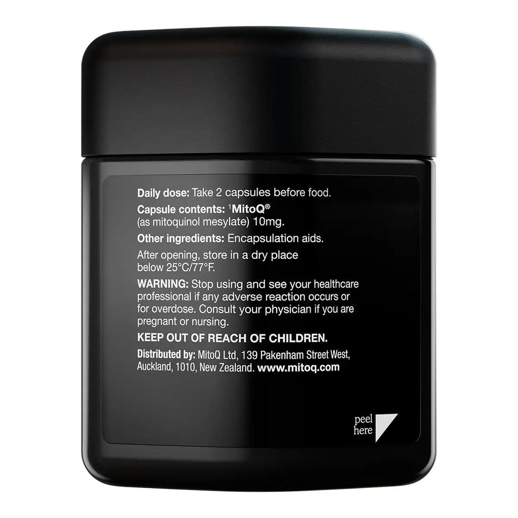 A black supplement bottle with rounded corners and a matching black cap, shown from the back.