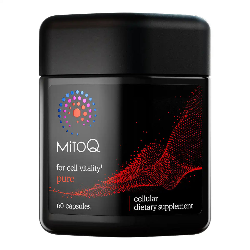 A black jar of MitoQ cellular dietary supplement with a black lid, featuring a label with a colorful dot pattern.