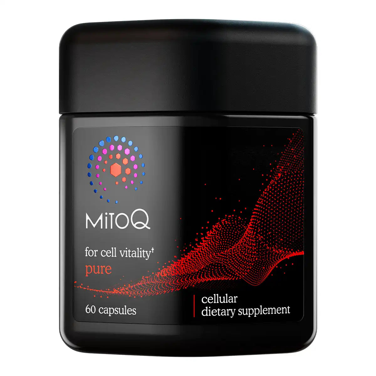A black jar of MitoQ cellular dietary supplement with a black lid, featuring a label with a colorful dot pattern.