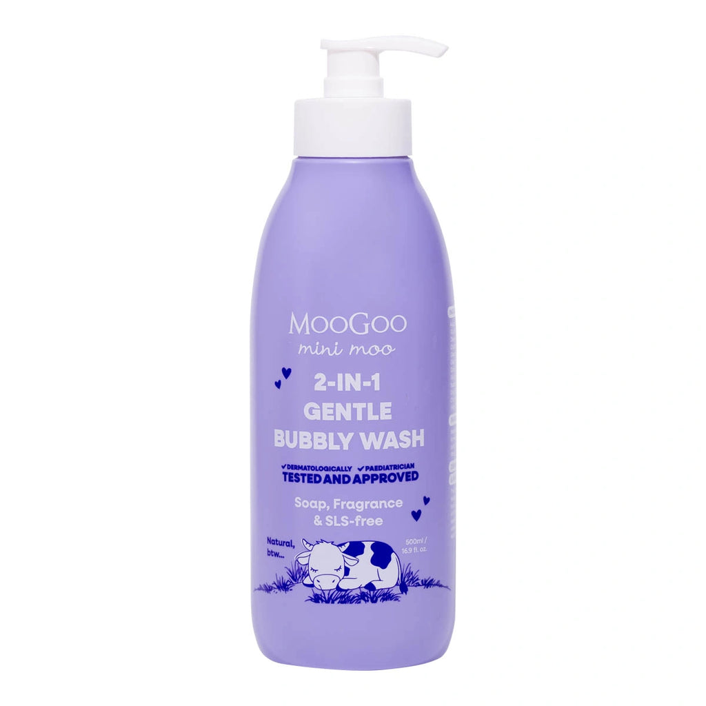 MooGoo Mini Moo 2-in-1 Gentle Bubbly Wash 500ml in a purple pump bottle with a white pump top.