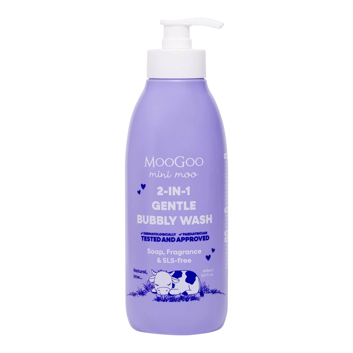 MooGoo Mini Moo 2-in-1 Gentle Bubbly Wash 500ml in a purple pump bottle with a white pump top.
