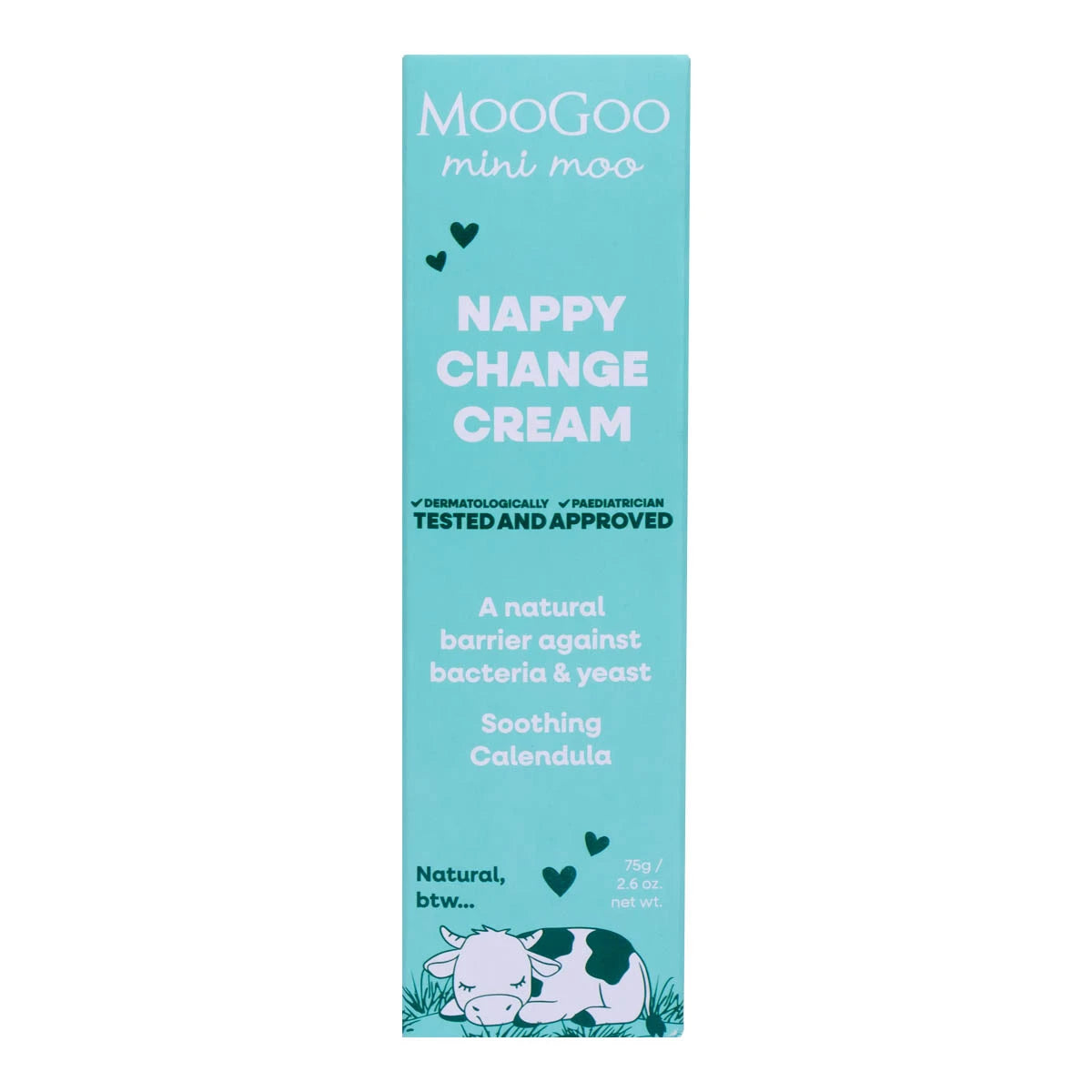 A tall, narrow light blue box of MooGoo Mini Moo Nappy Change Cream, featuring white and dark green text and illustrations of a cow and hearts on a white background.