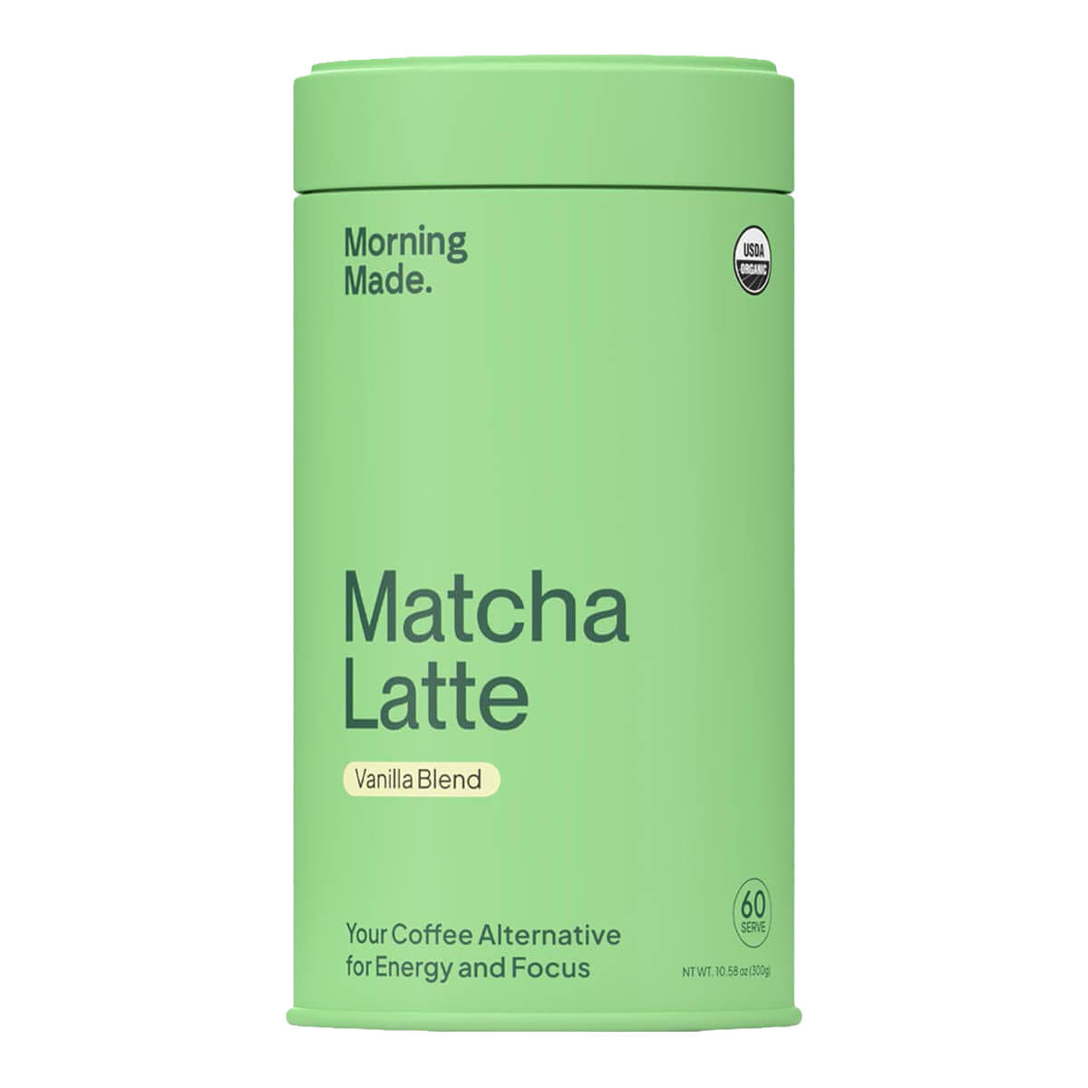 Green container of Matcha Latte Vanilla Blend by Morning Made on a white background.