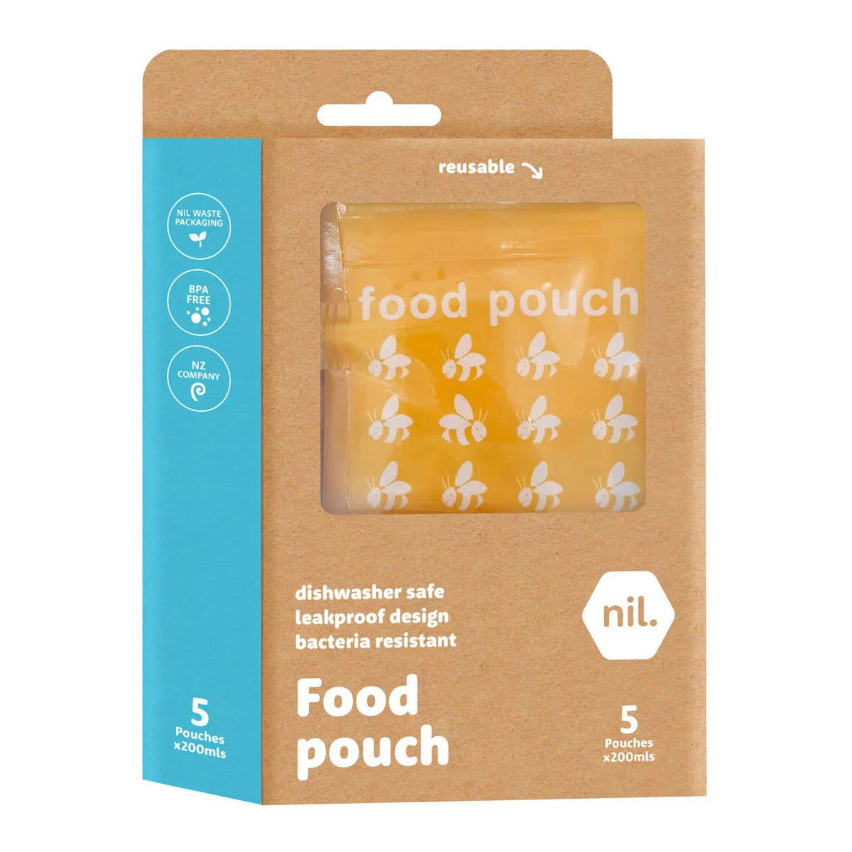 Munch reusable food pouches yellow in ecofriendly cardboard packaging. Dishwasher safe, leakproof design, bacteria resistant.