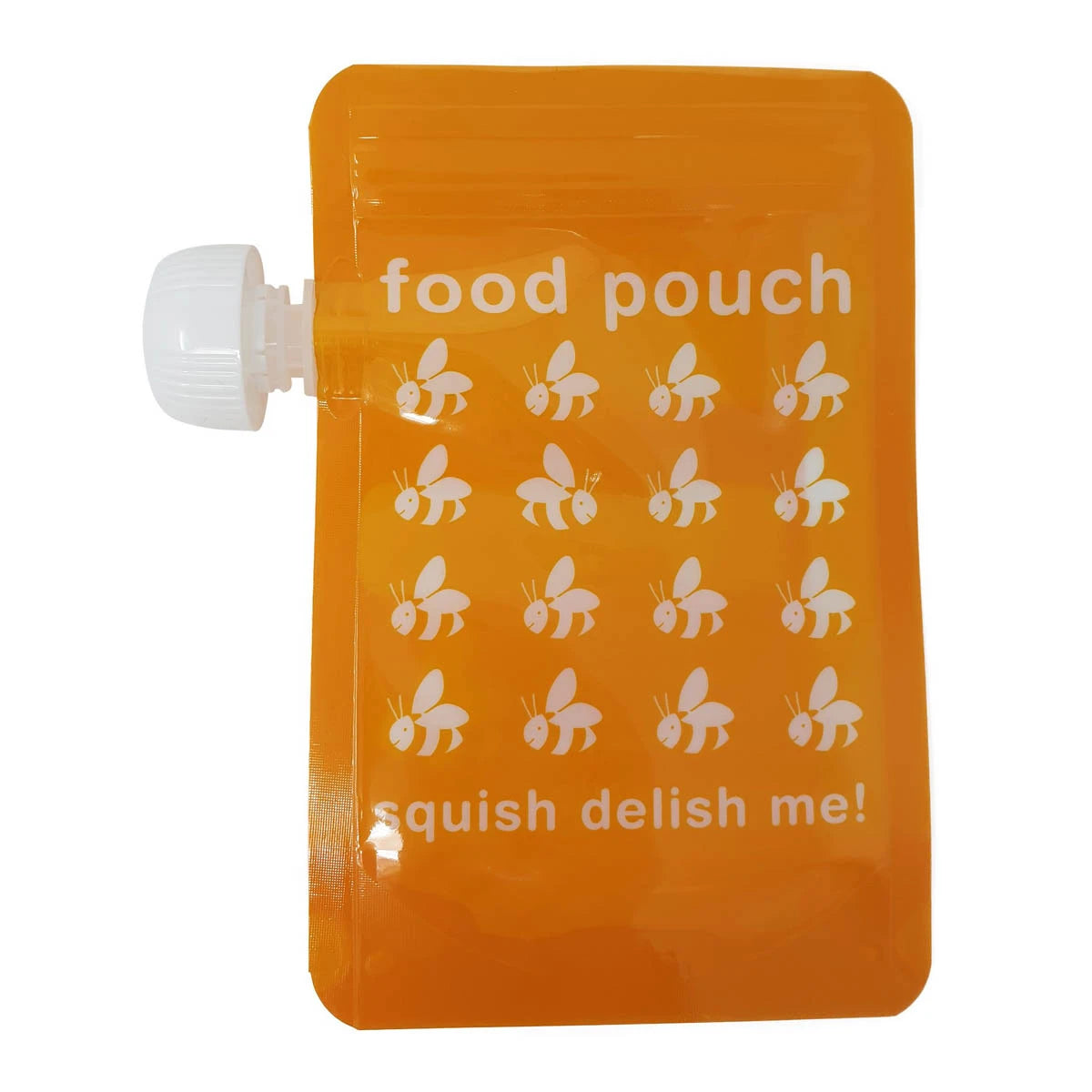 Close up of a single resealable food pouch with twist cap. Warm yellow colour with buzzy bee design and the words: 