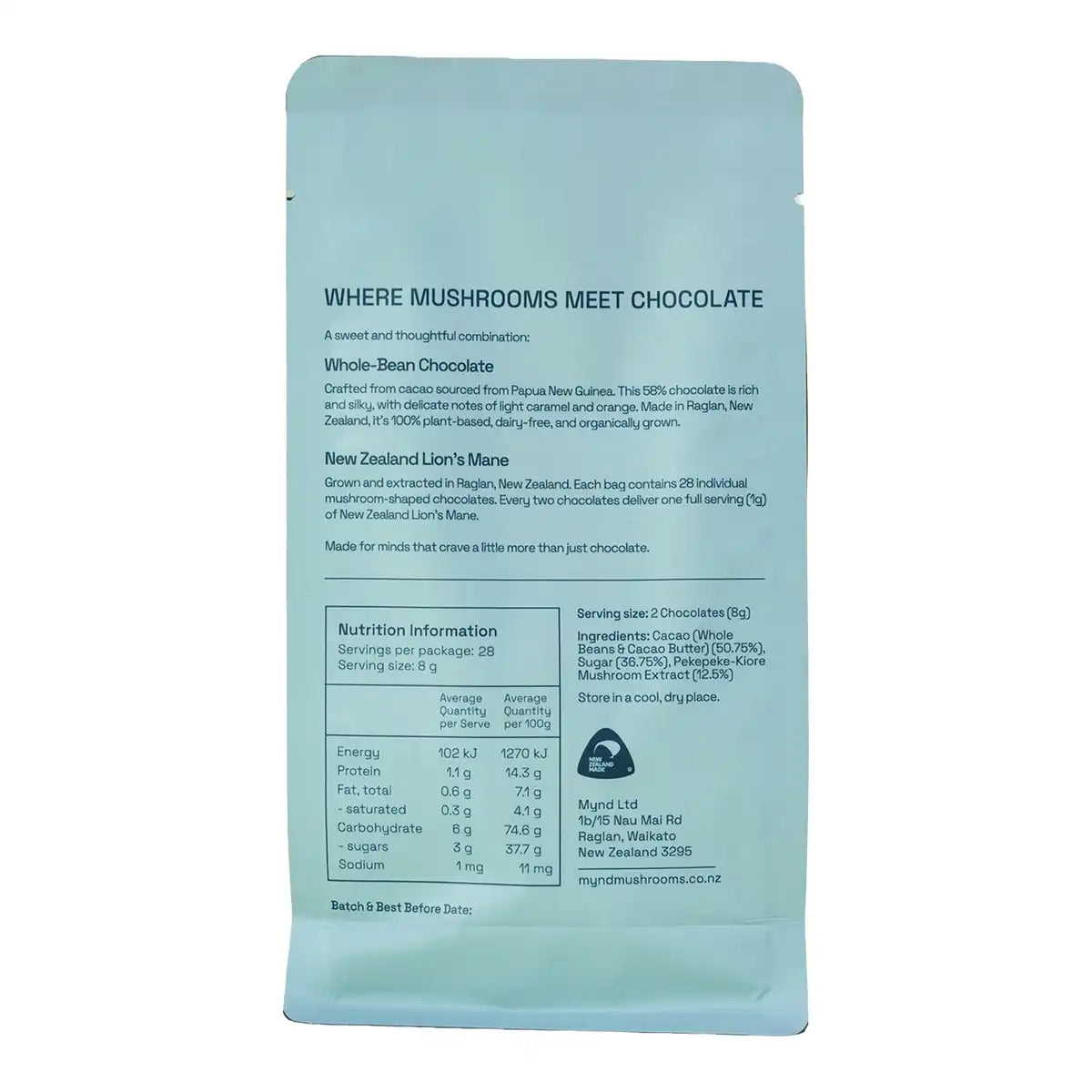 The back of a light blue pouch of showing product details, ingredients, nutrition facts, and a New Zealand Made logo on a white background.