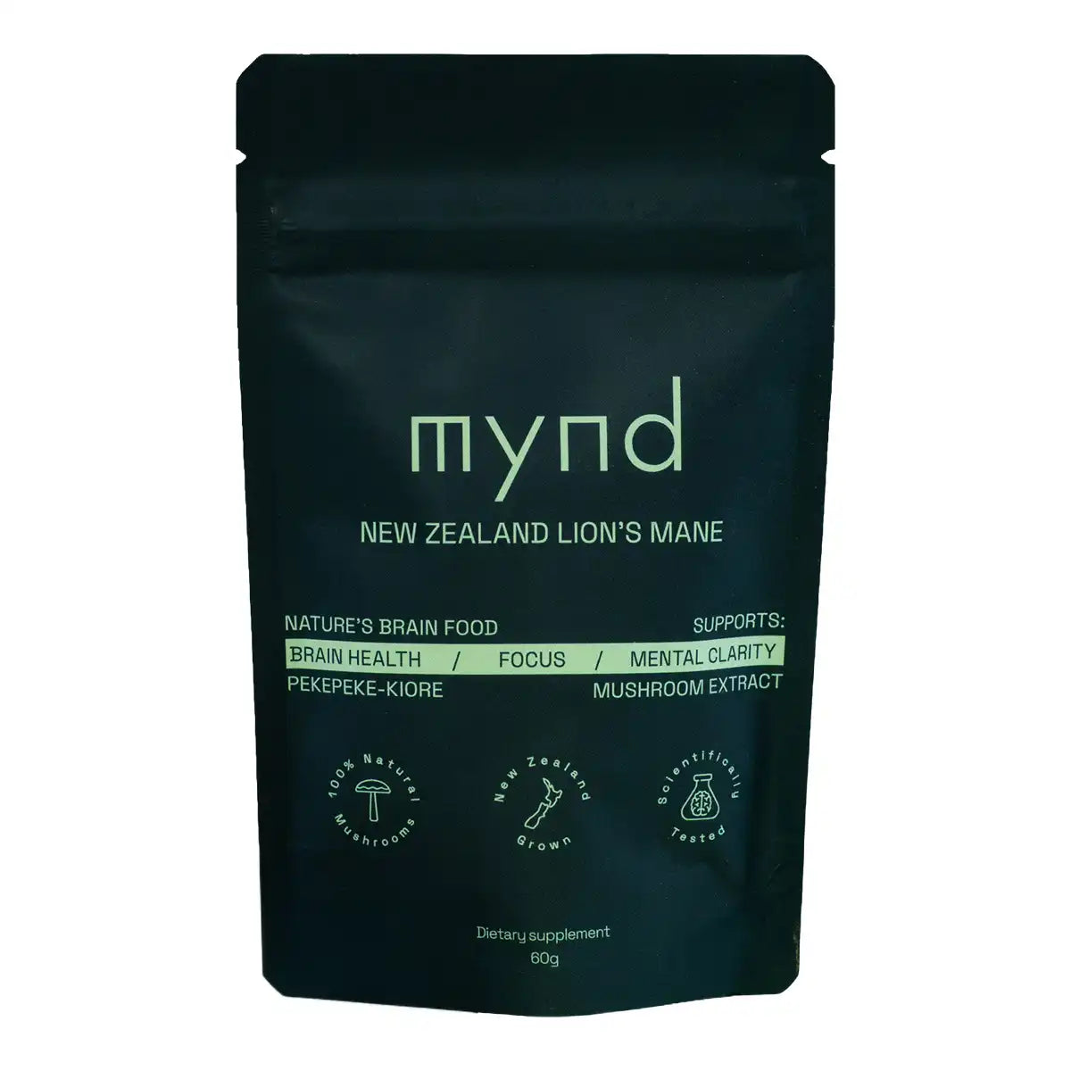 A black stand-up pouch of Mynd New Zealand Lion's Mane dietary supplement on a plain white background.