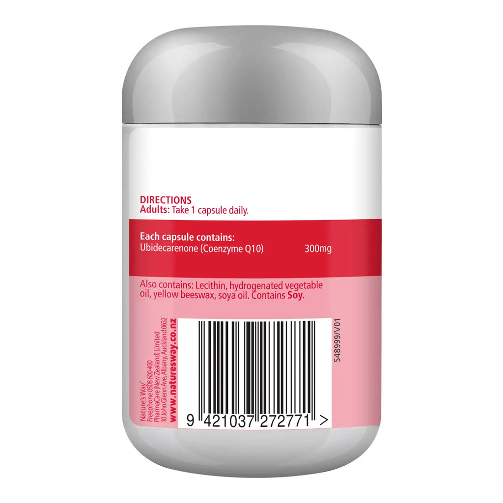 A white plastic supplement bottle with a gray cap, showing the back of the label with red and pink sections.