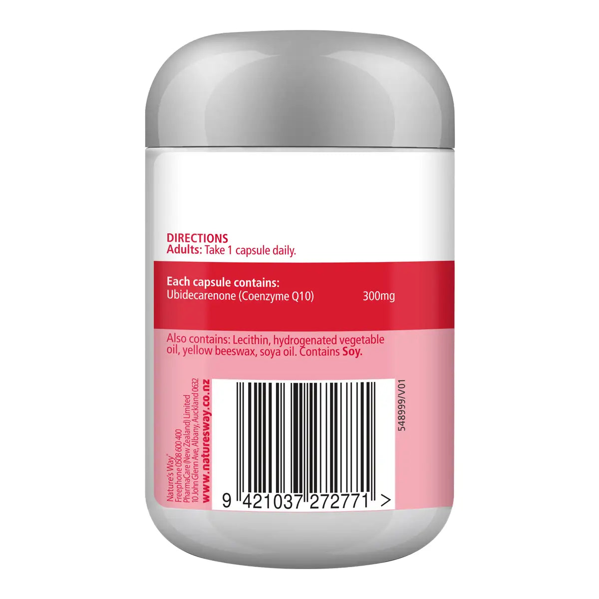A white plastic supplement bottle with a gray cap, showing the back of the label with red and pink sections.