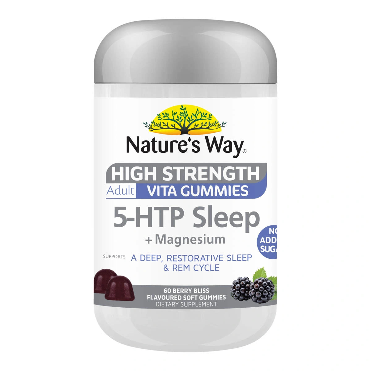 Nature's Way High Strength 5-HTP Sleep + Magnesium gummy supplement container on a white background