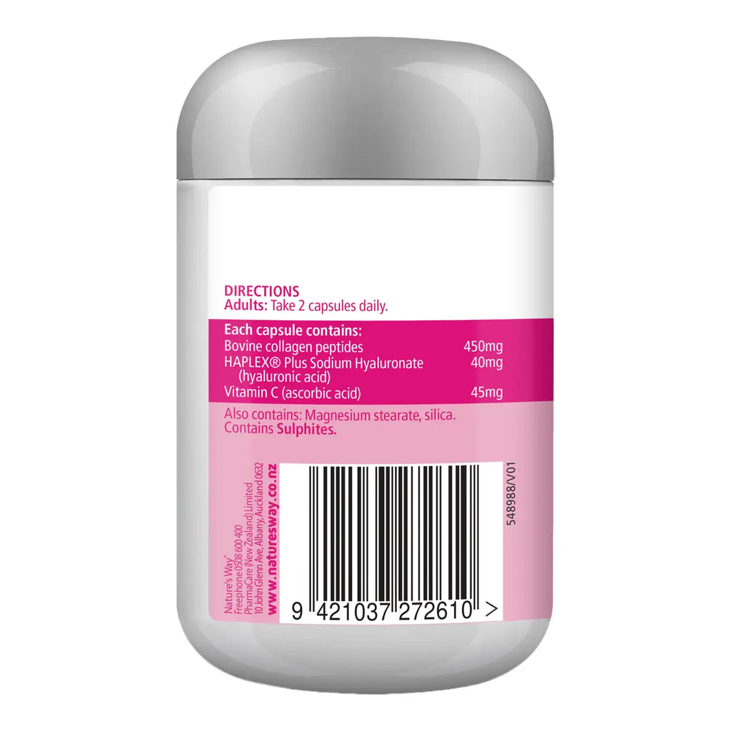 Back view of a white supplement bottle with a gray cap, showing a pink label with directions, barcode, and ingredients.