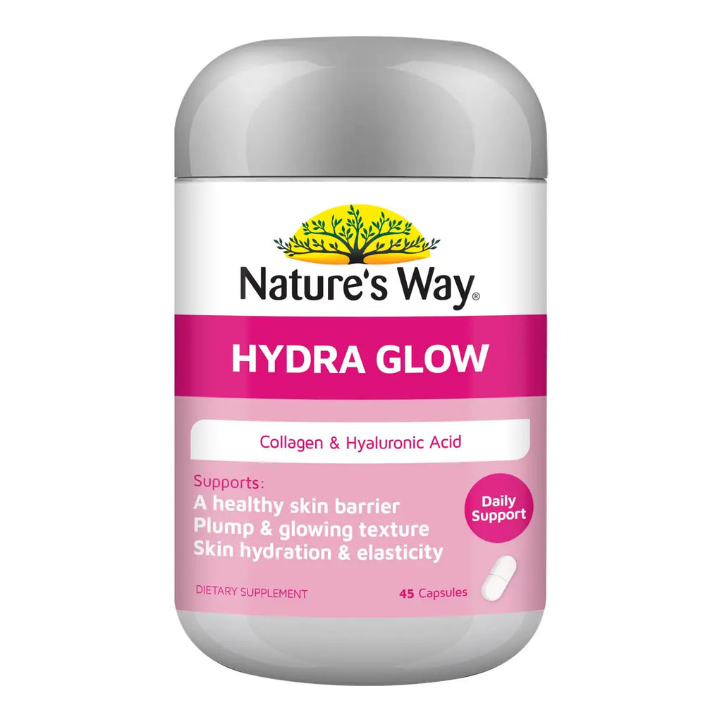 Nature's Way Hydra Glow dietary supplement bottle with a white and pink label, featuring a gray cap.