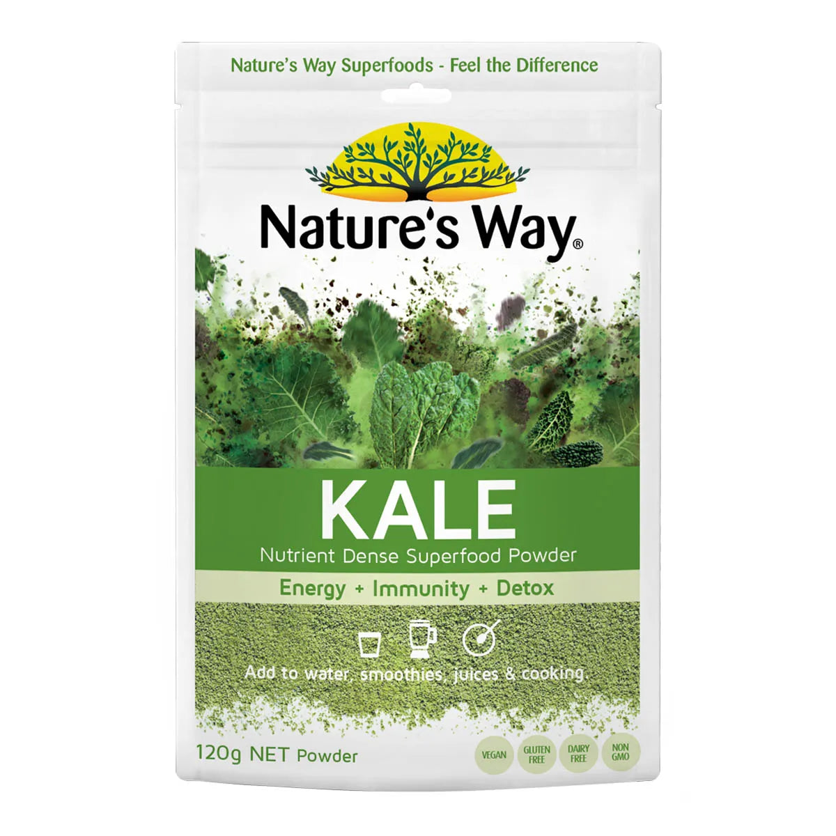 120g pouch of Nature's Way Kale - nutrient dense superfood powder. Energy + immune + detox. Add to water, smoothies, juices & cooking. 