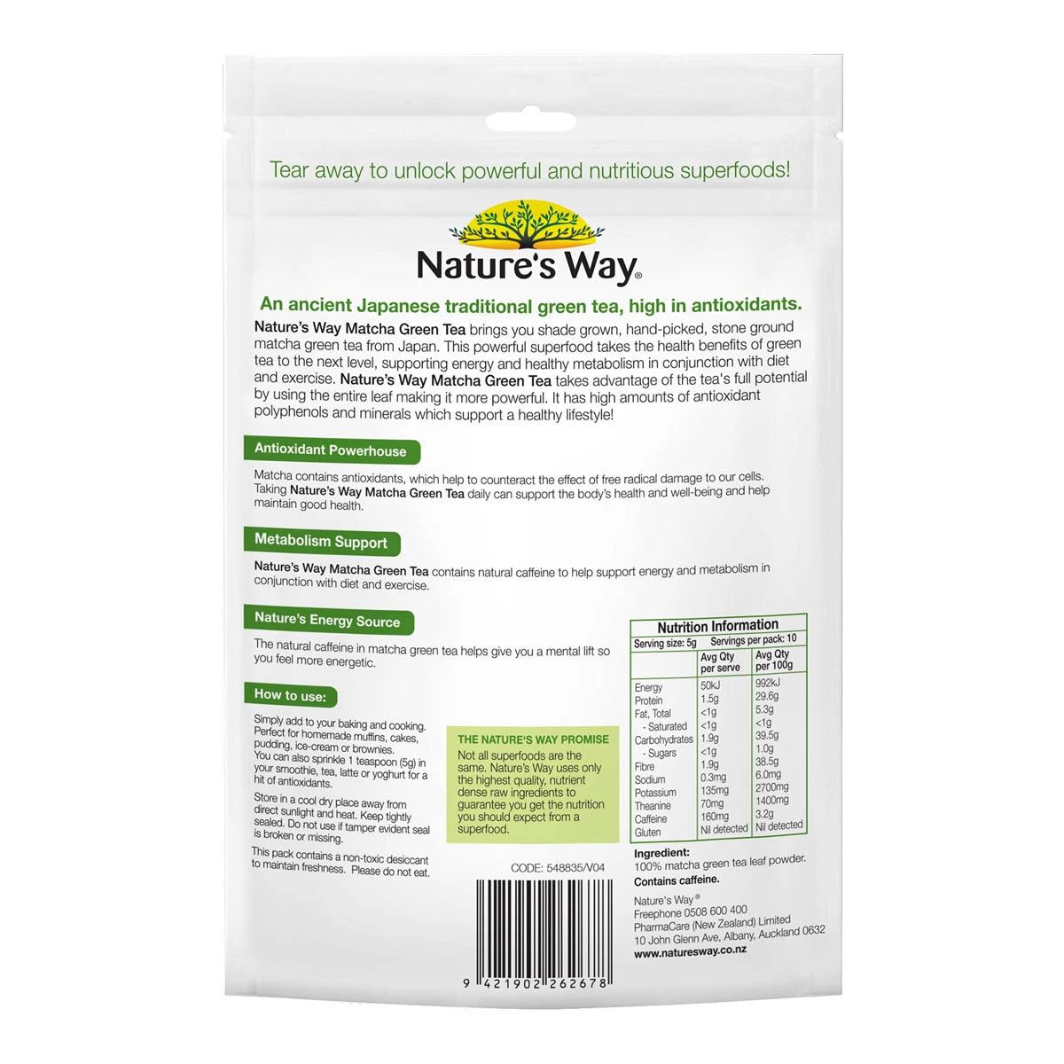 Back of Matcha Green Tea pouch showing nutritional information, directions for use and information about sourcing & health benefits.