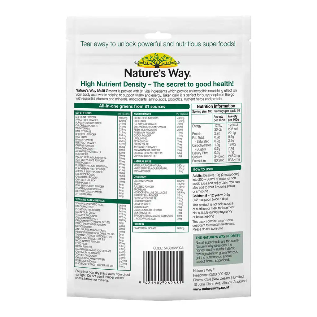 Back view of a Nature's Way Multigreens supplement pouch, showing the detailed nutrition facts panel, ingredients list, and barcode on a white background.