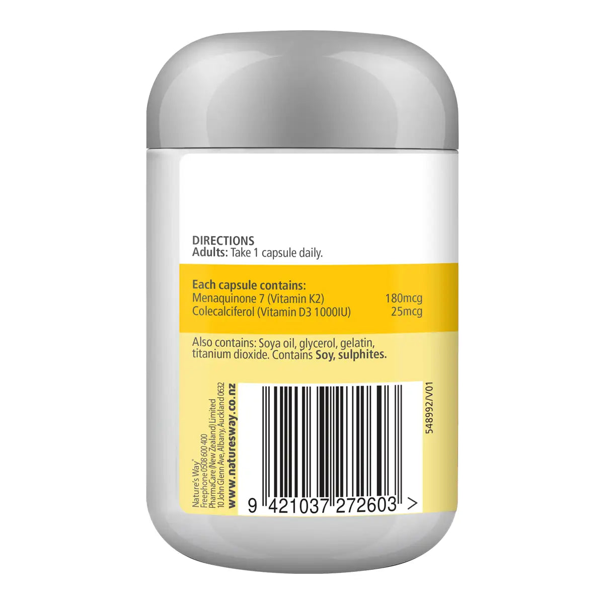 Back view of a white supplement bottle with a gray cap, featuring a yellow label with black text and a barcode.