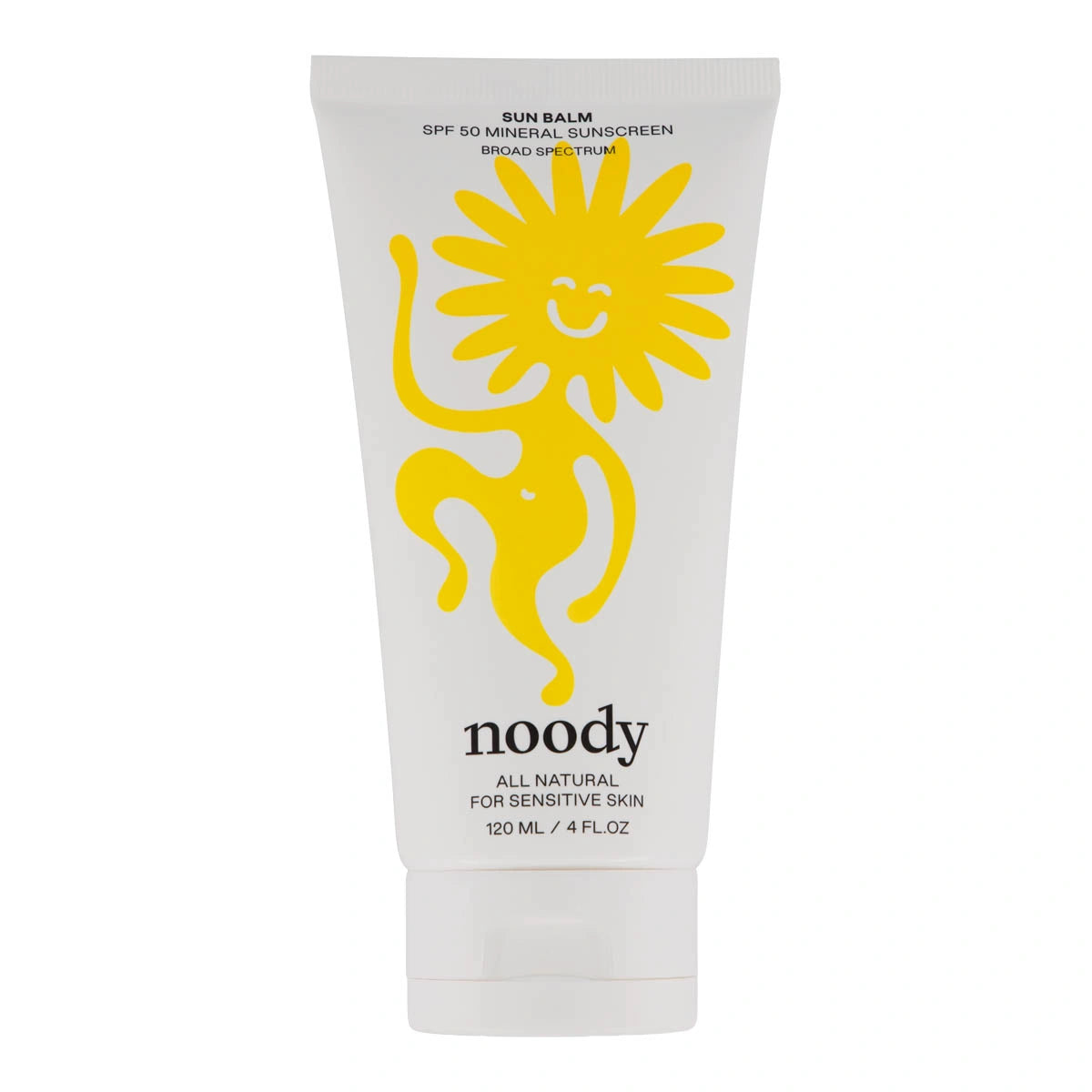A white squeeze tube of Noody Sun Balm SPF50 Mineral Sunscreen Broad Spectrum, featuring a large yellow cartoon sun graphic and black text on a white background. Suitable for the whole family.