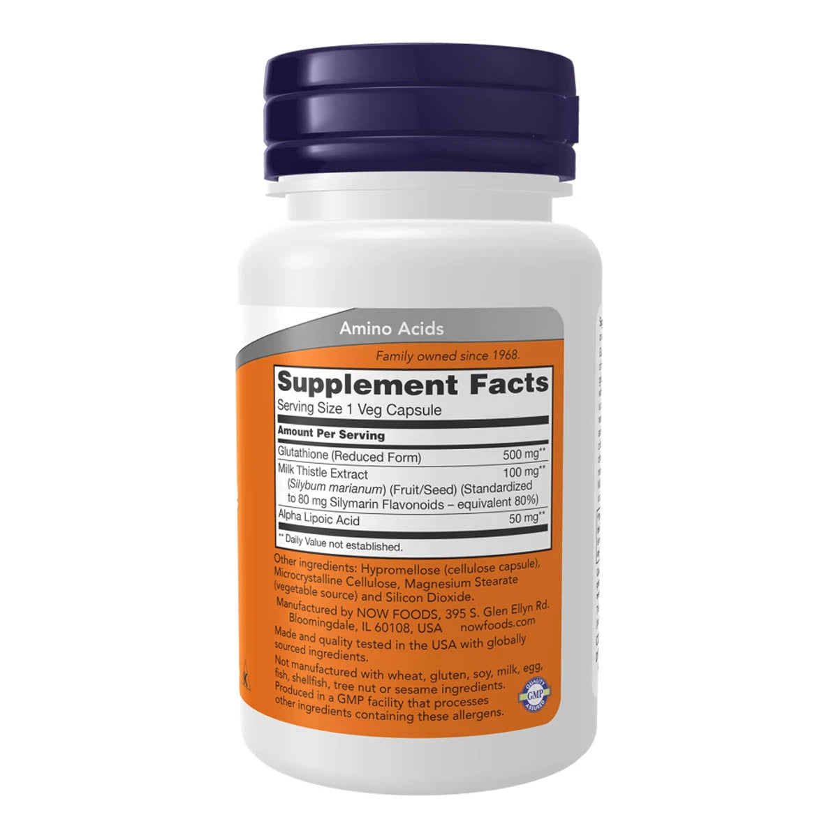A white plastic bottle of Amino Acids dietary supplement with a dark blue cap and an orange and gray supplement facts label, shown on a plain white background.