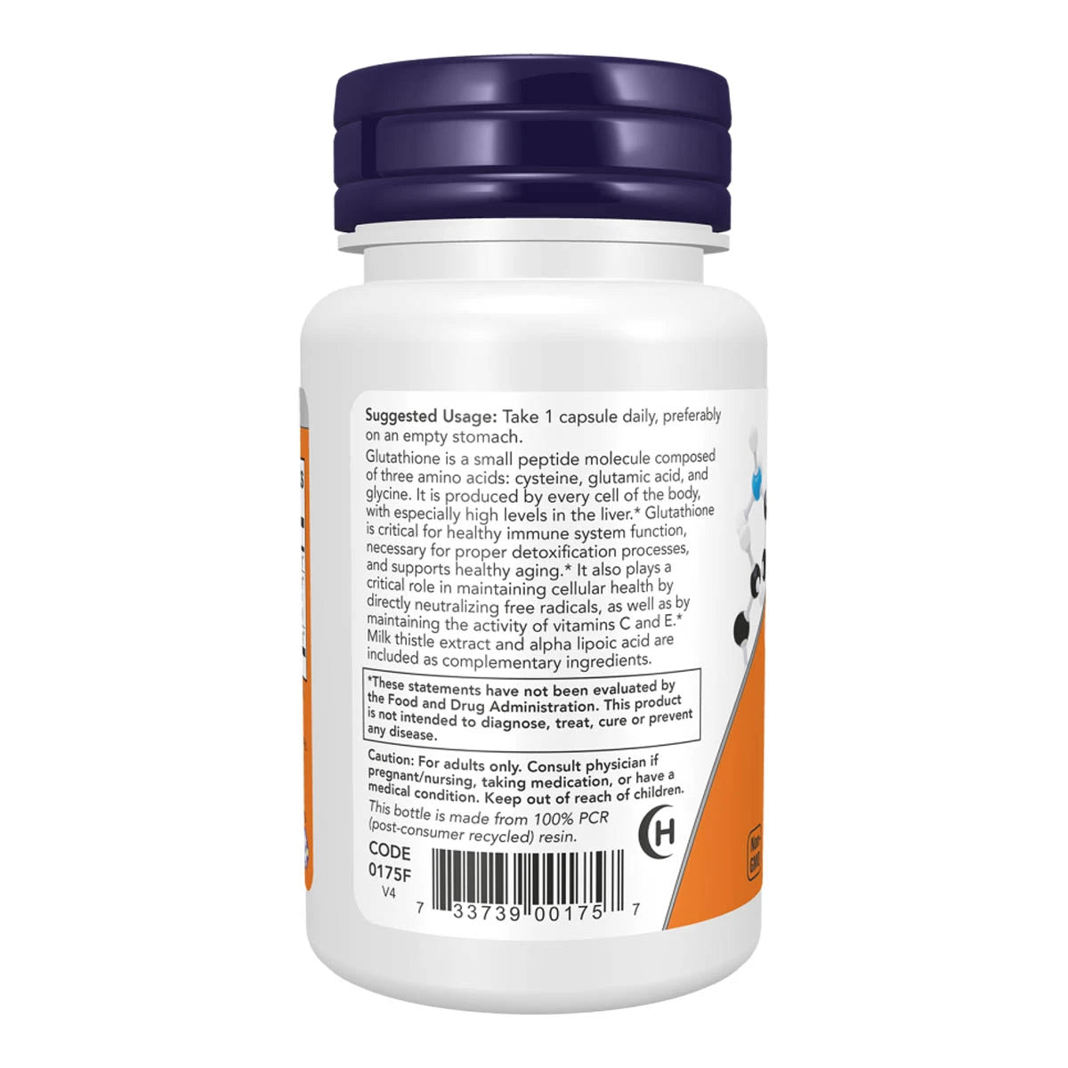 A white bottle of Glutathione capsules with a dark blue cap, showing the back label with text and a barcode on a white background.