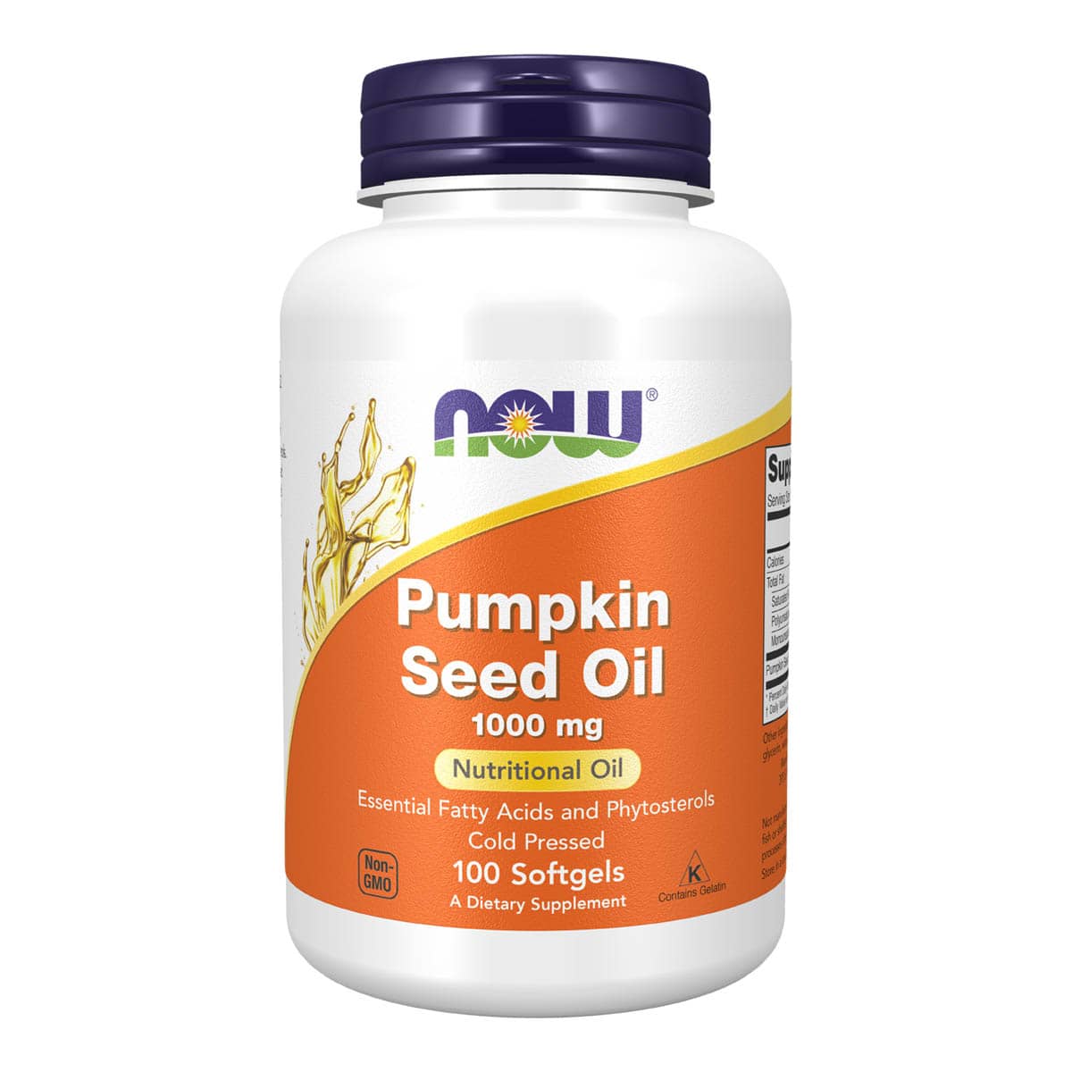 Supplement bottle of pumpkin seed oil with Now brand on a white background