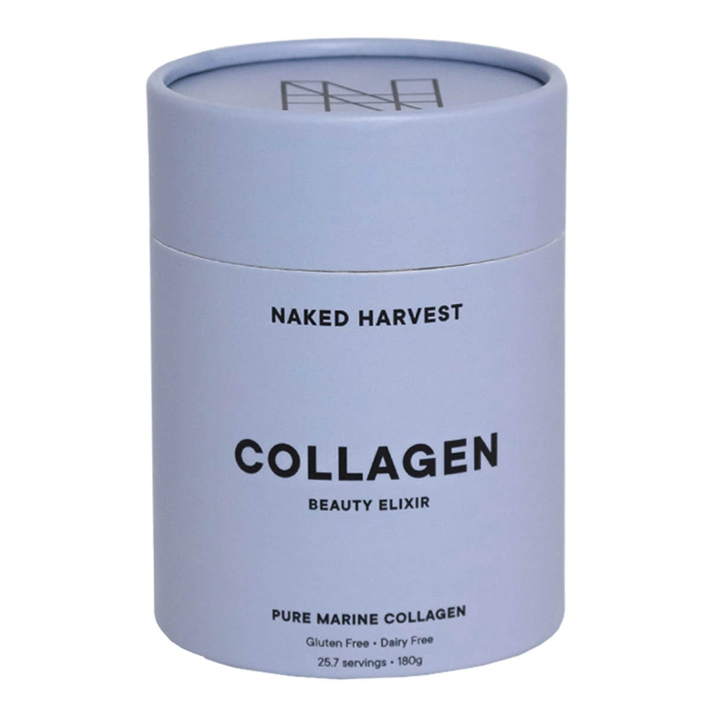 Pale purple Nu Harvest collagen beauty elixir - marine container on a white background. Gluten & dairy free.