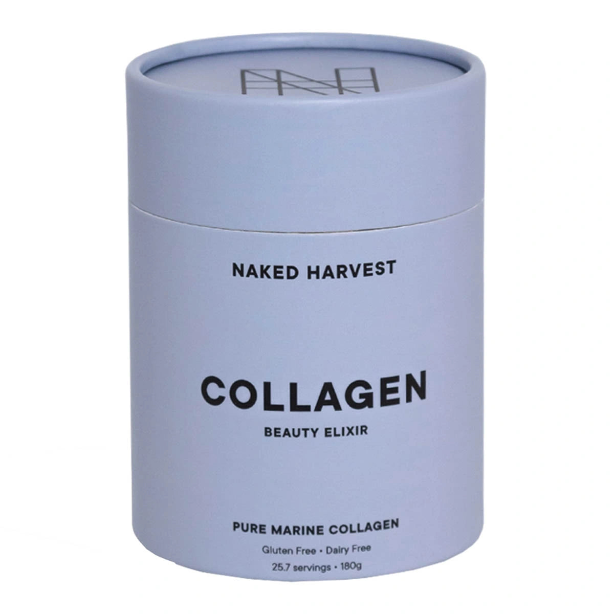 Pale purple Nu Harvest collagen beauty elixir - marine container on a white background. Gluten & dairy free.