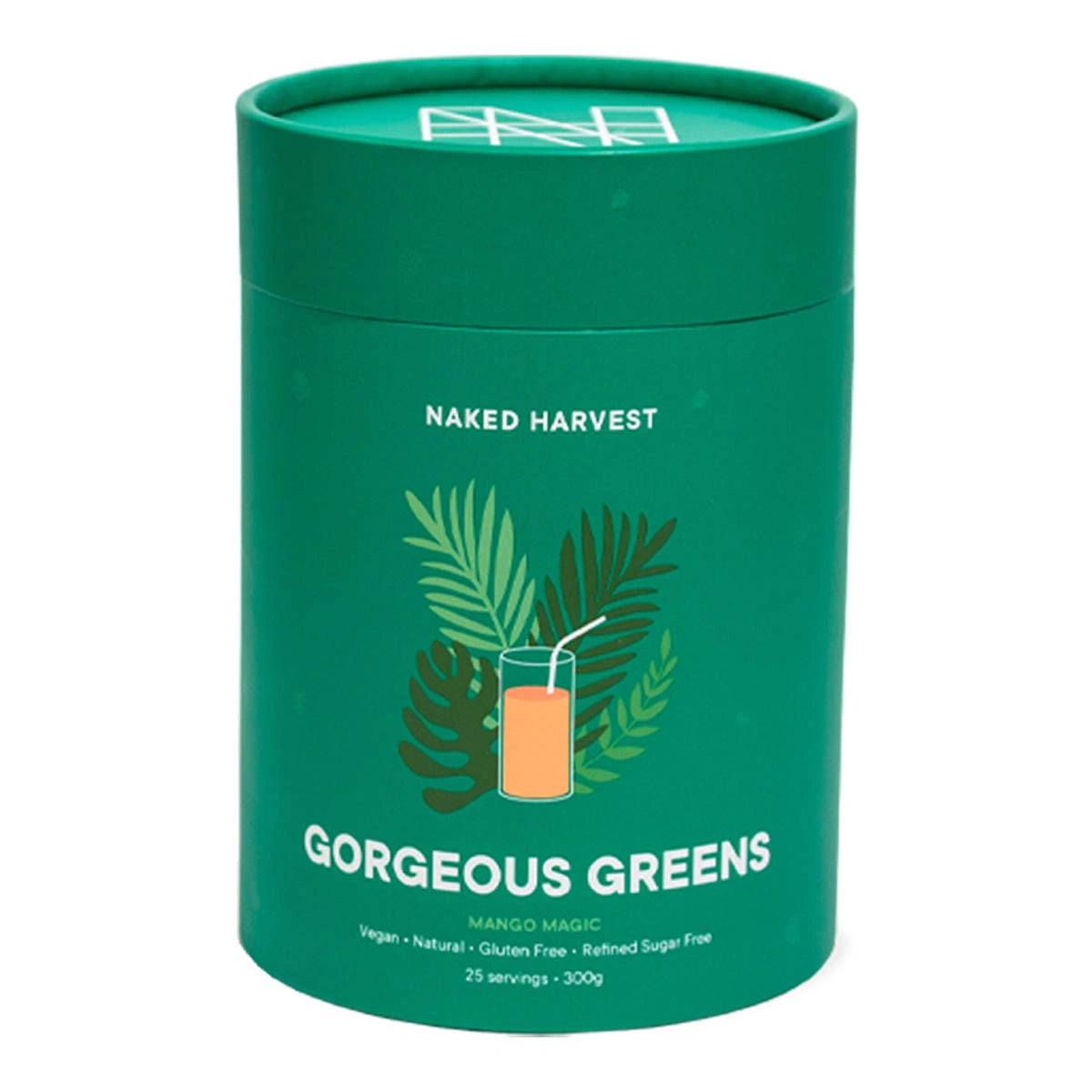 Green container labeled 'Naked Harvest Gorgeous Greens Mango Magic on a white background. vegan, natural, gluten free, refined sugar free.