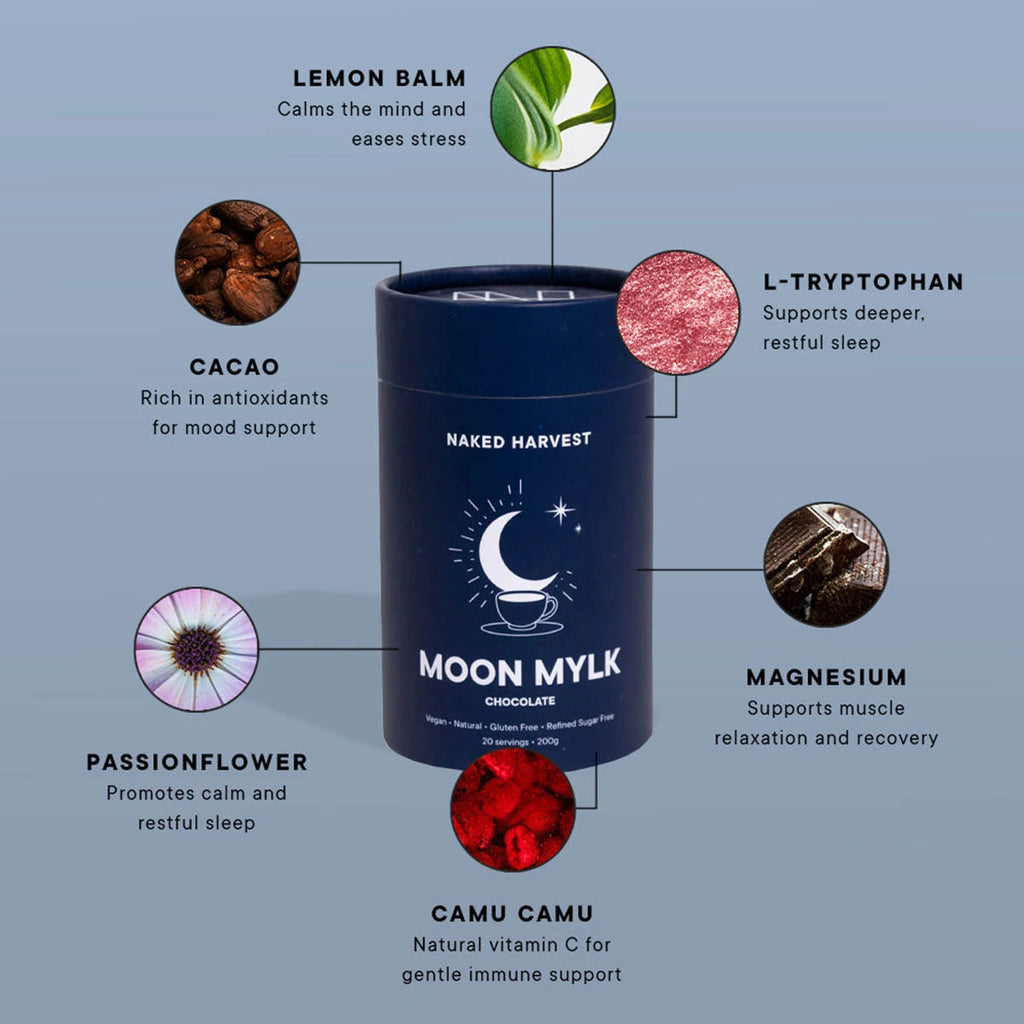 Naked Harvest Moon Mylk chocolate container with ingredients and benefits on a light blue background