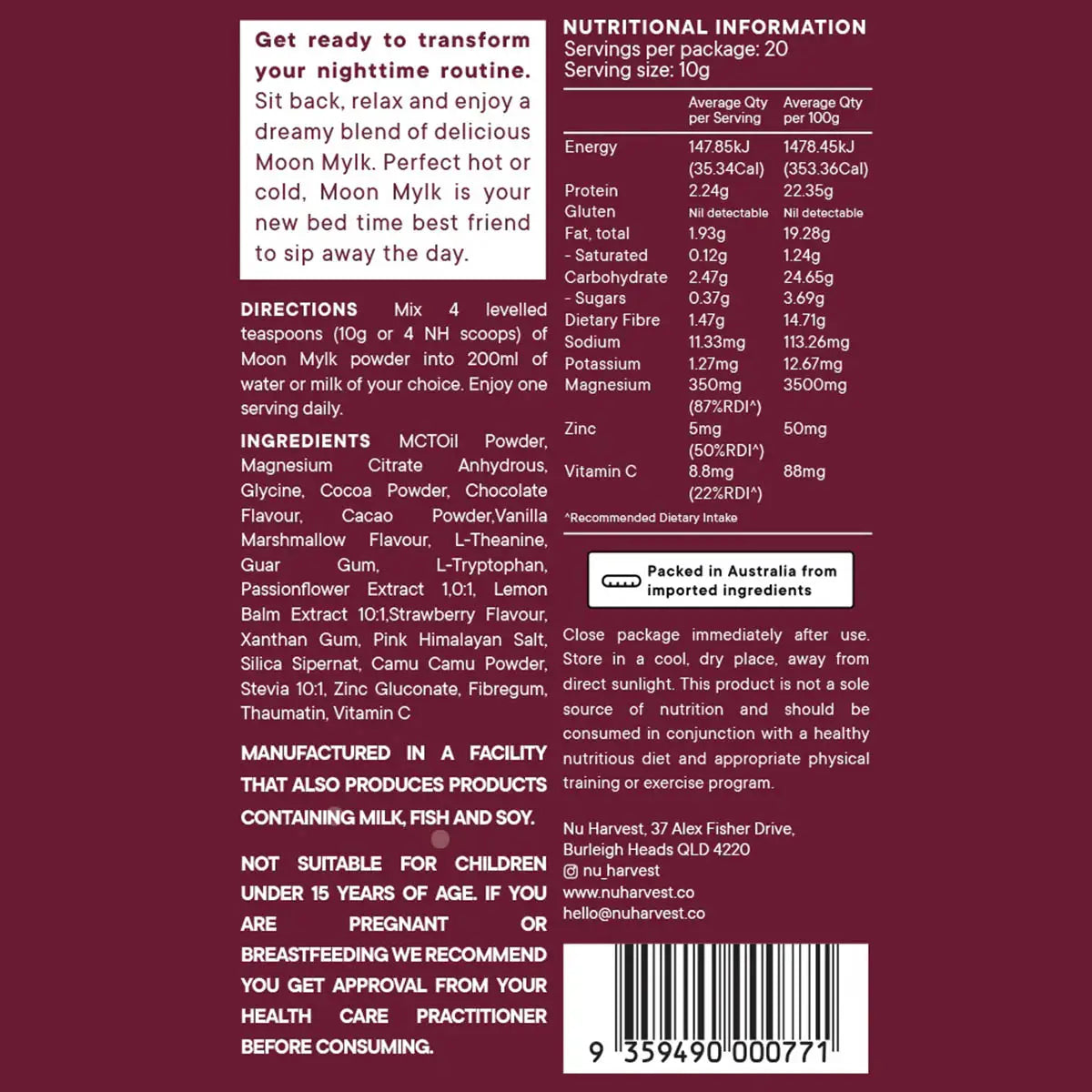 Nutritional information and product details of rocky road moon mylk.
