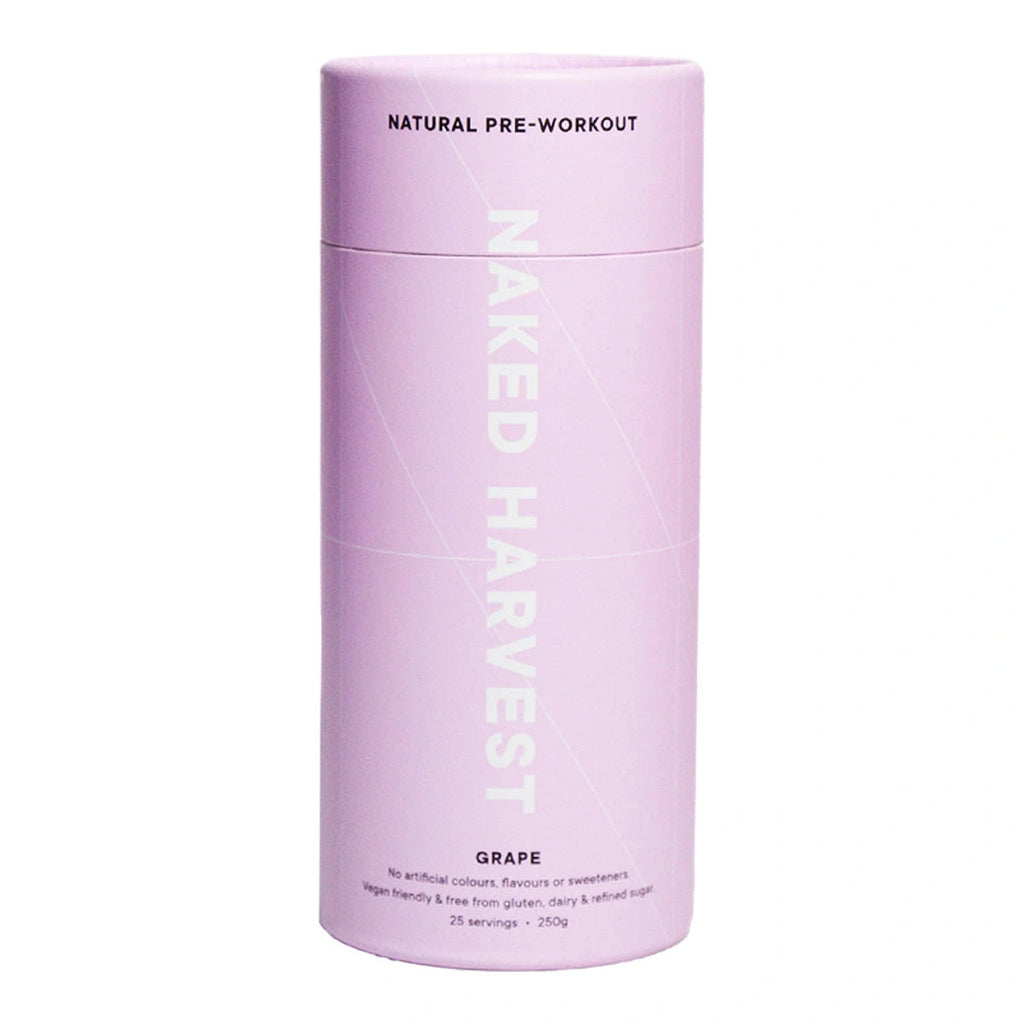 Pink container of Naked Harvest pre-workout supplement on a white background