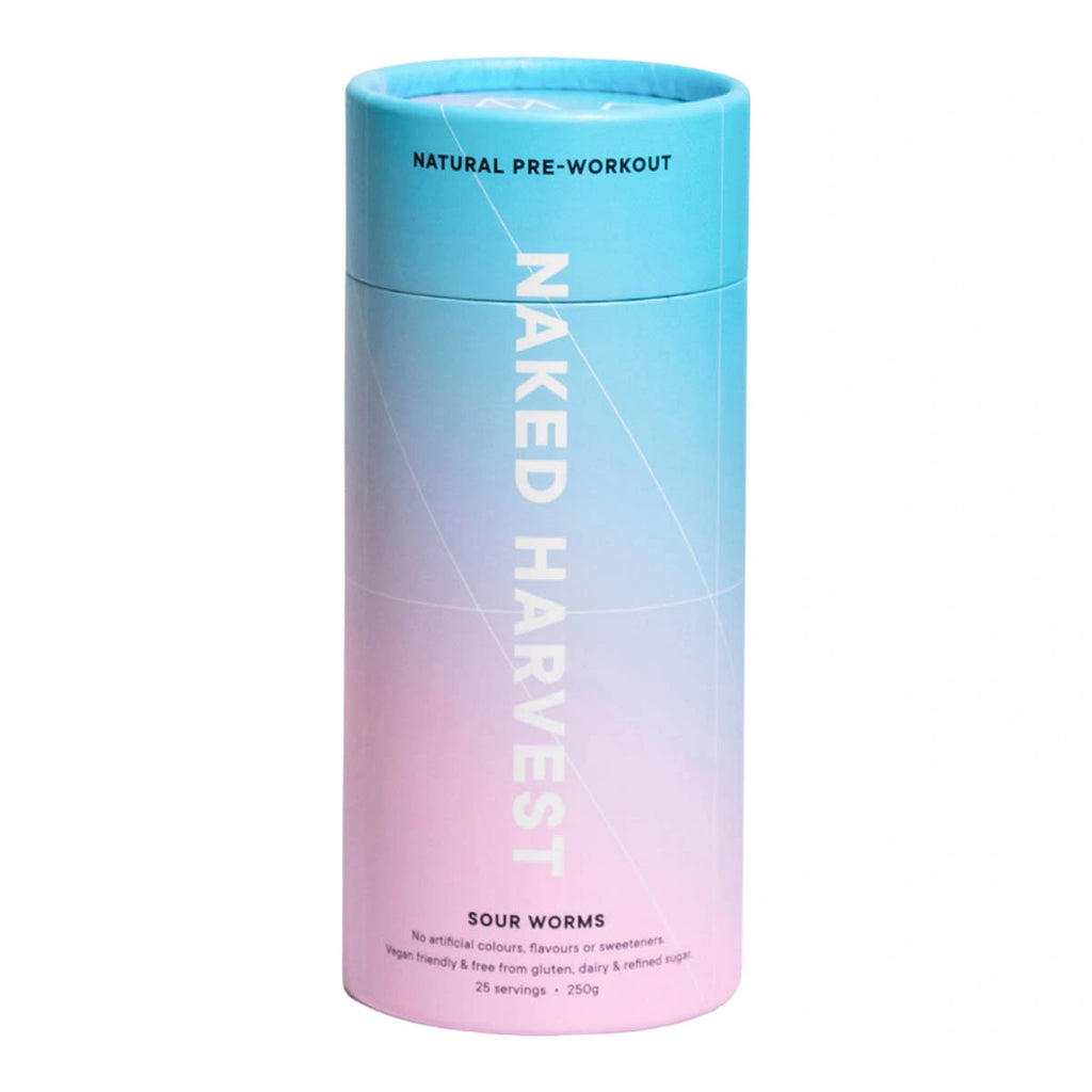 Gradient cylindrical container labeled 'Naked Harvest' on a white background. Sour worms flavoured pre-workout drink. 